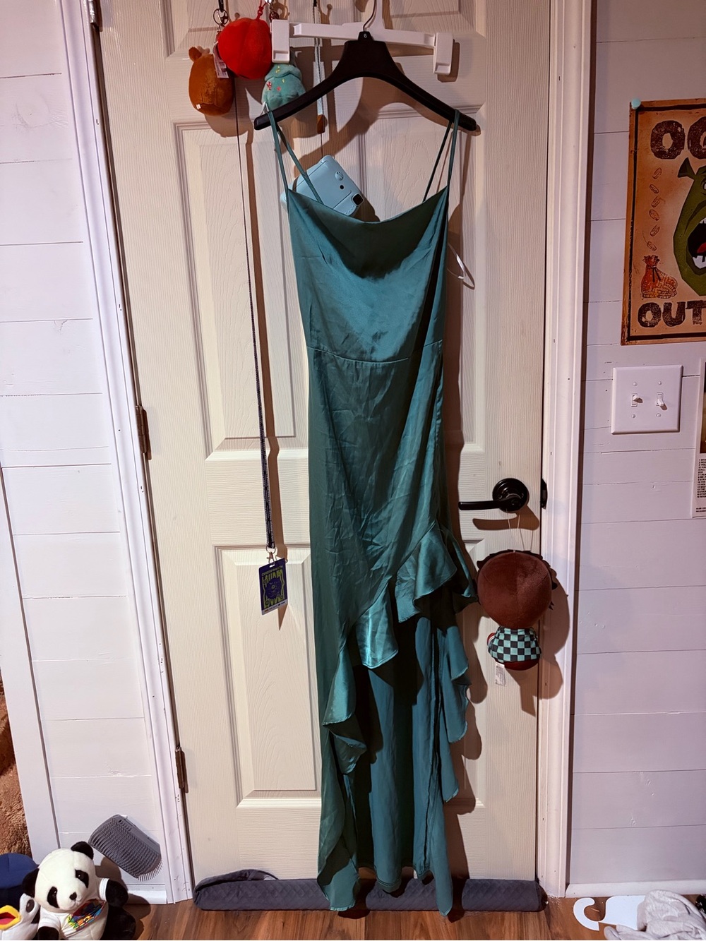 PrettyLittleThing Teal Asymmetrical Satin Slip Dress with Ruffle